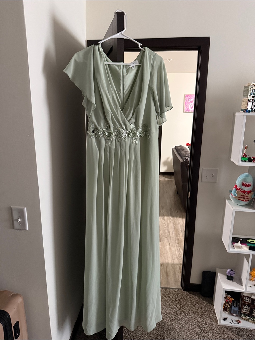 Lovers + Friends Light Sage Green Chiffon Maxi Dress with Floral Waist